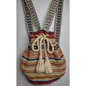 Billabong Boho Aztec Backpack Bag Woven Cloth Rope Drawstring Beach Festival